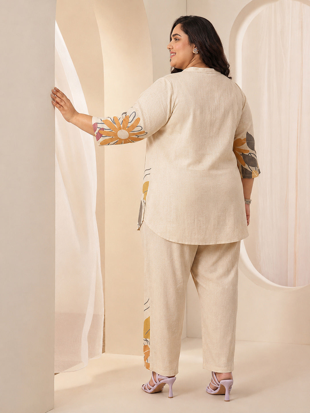 Plus Size Off White Printed Cotton Blend Co-Ord Sets