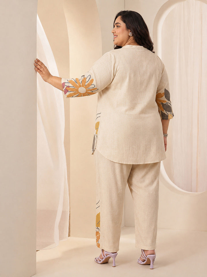 Plus Size Off White Printed Cotton Blend Co-Ord Sets