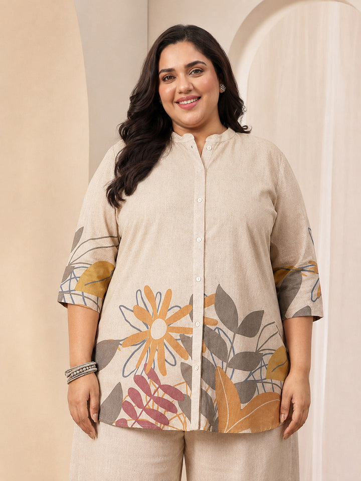 Plus Size Off White Printed Cotton Blend Co-Ord Sets