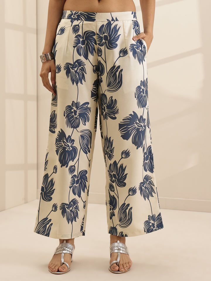 White Printed Cotton Blend Straight Kurta Set