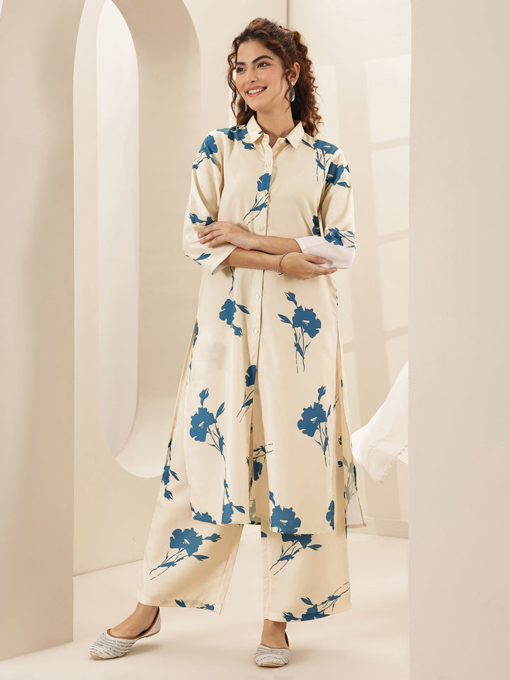 White Printed Cotton Blend Straight Kurta Set