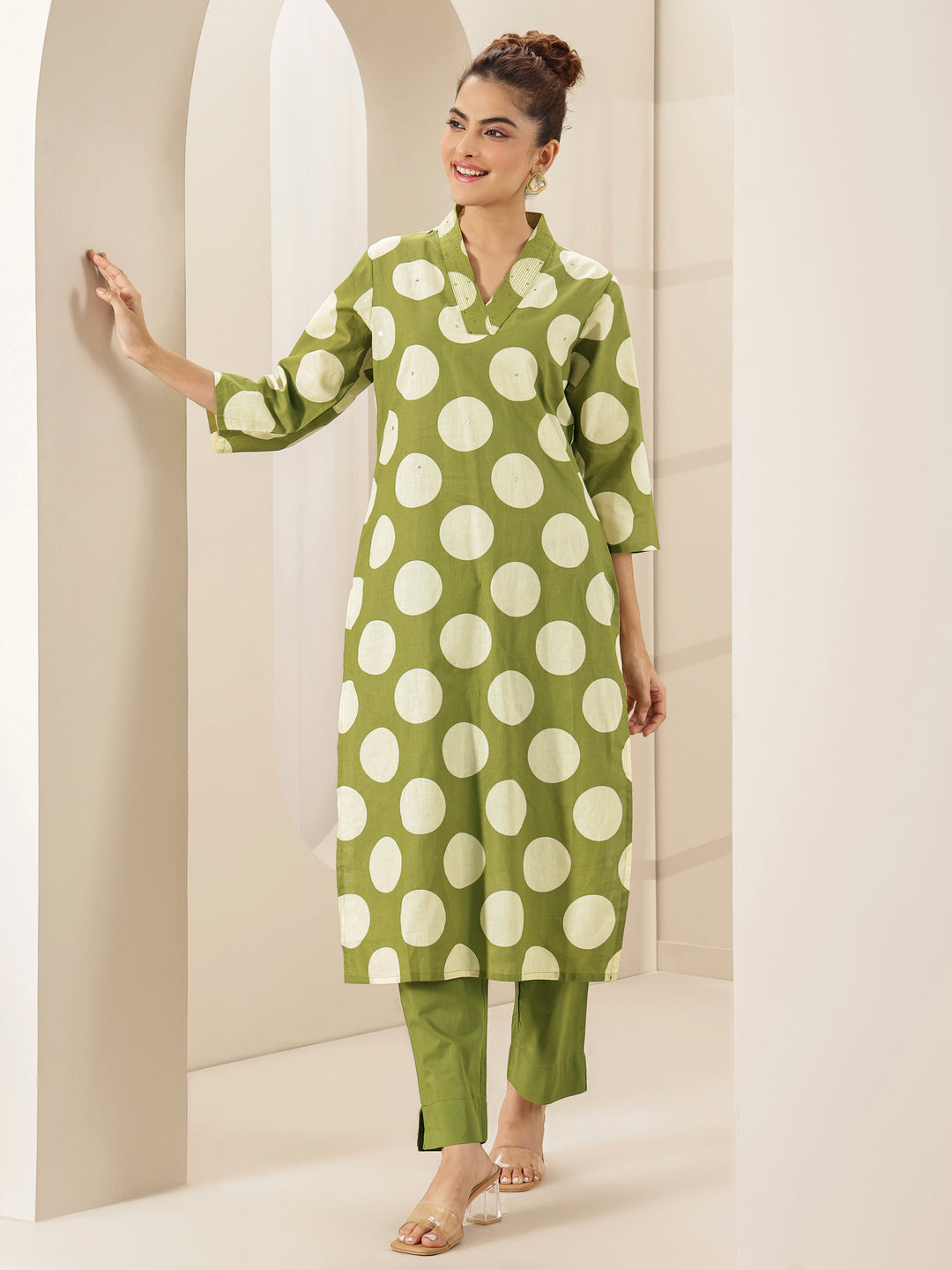 Green  Printed Cotton Straight Kurta Set