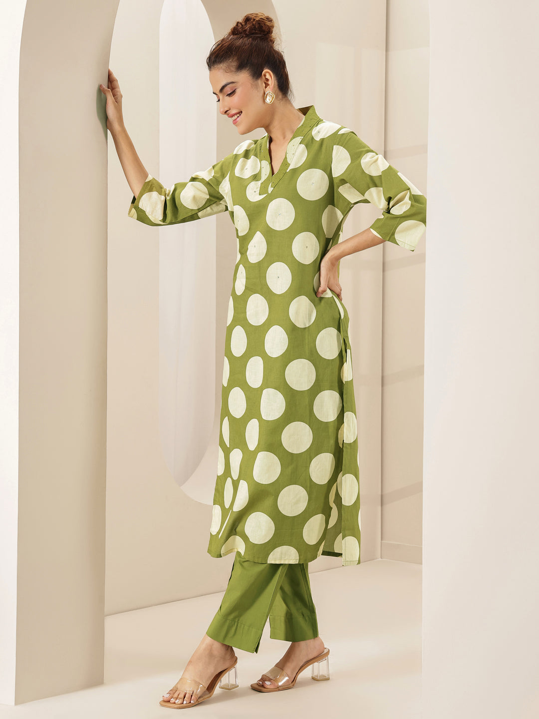Green  Printed Cotton Straight Kurta Set