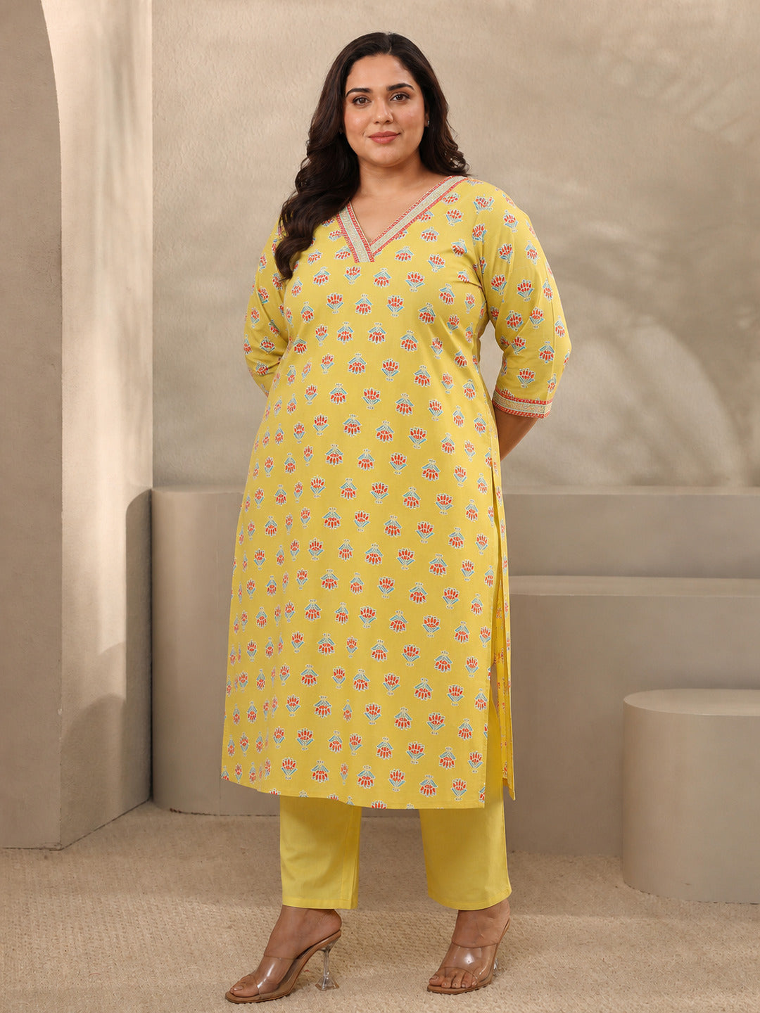 Plus Size Yellow Printed Cotton Straight Suit Sets With Dupatta