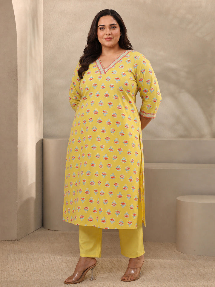 Plus Size Yellow Printed Cotton Straight Suit Sets With Dupatta