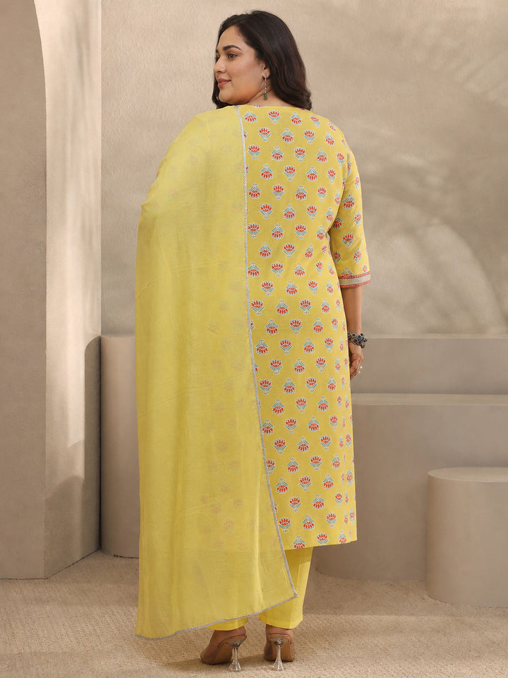 Plus Size Yellow Printed Cotton Straight Suit Sets With Dupatta