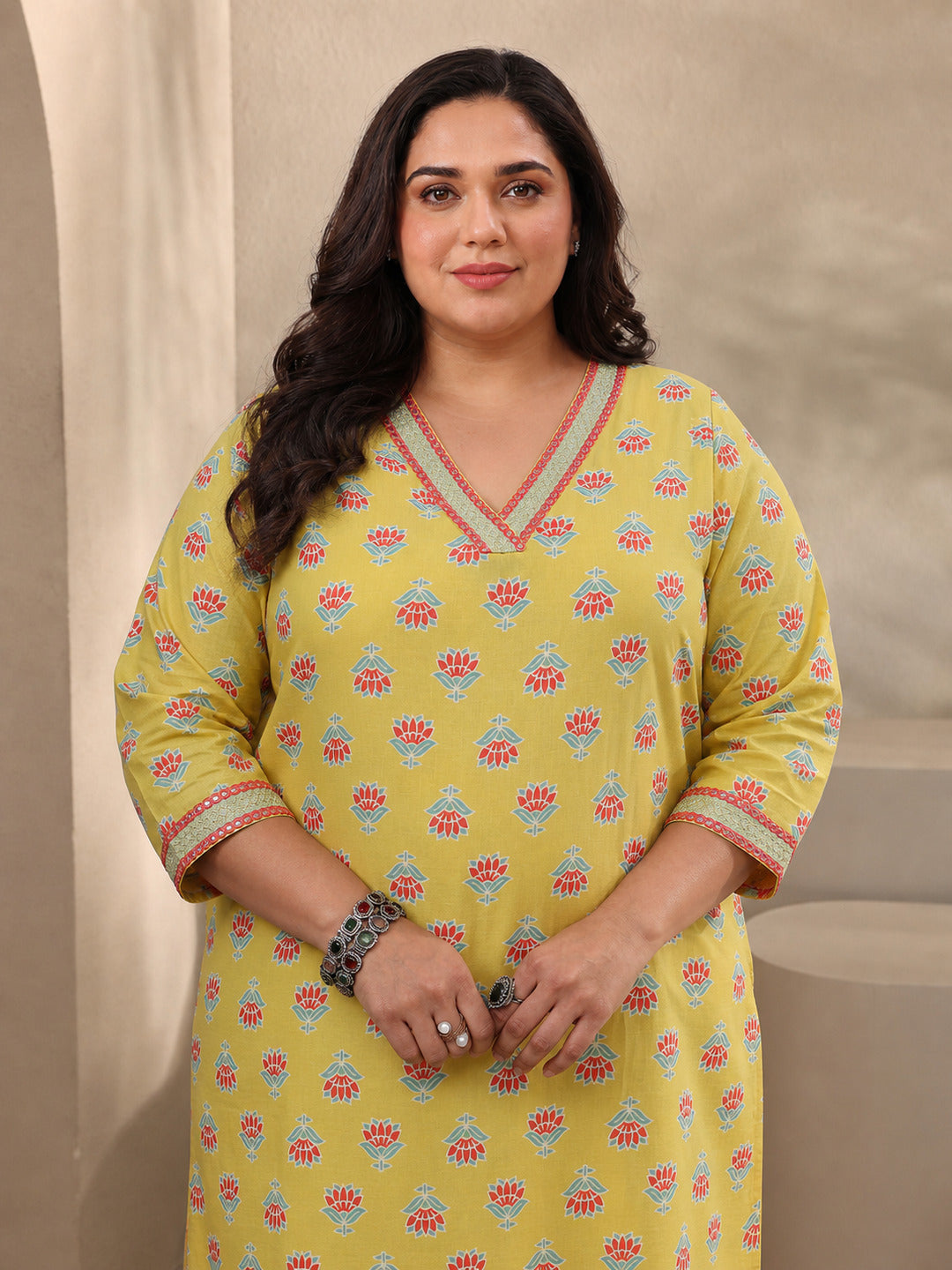 Plus Size Yellow Printed Cotton Straight Suit Sets With Dupatta