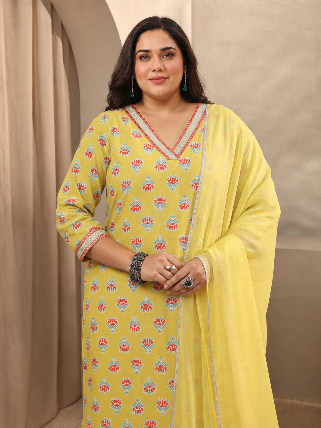 Plus Size Yellow Printed Cotton Straight Suit Sets With Dupatta