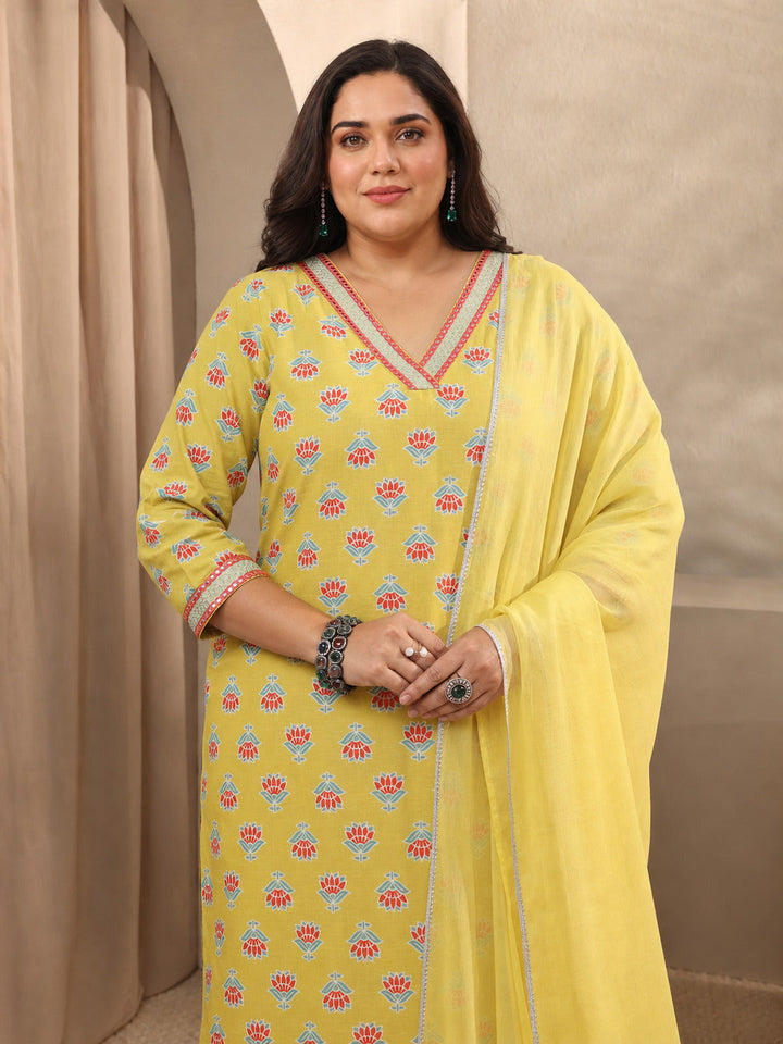 Plus Size Yellow Printed Cotton Straight Suit Sets With Dupatta