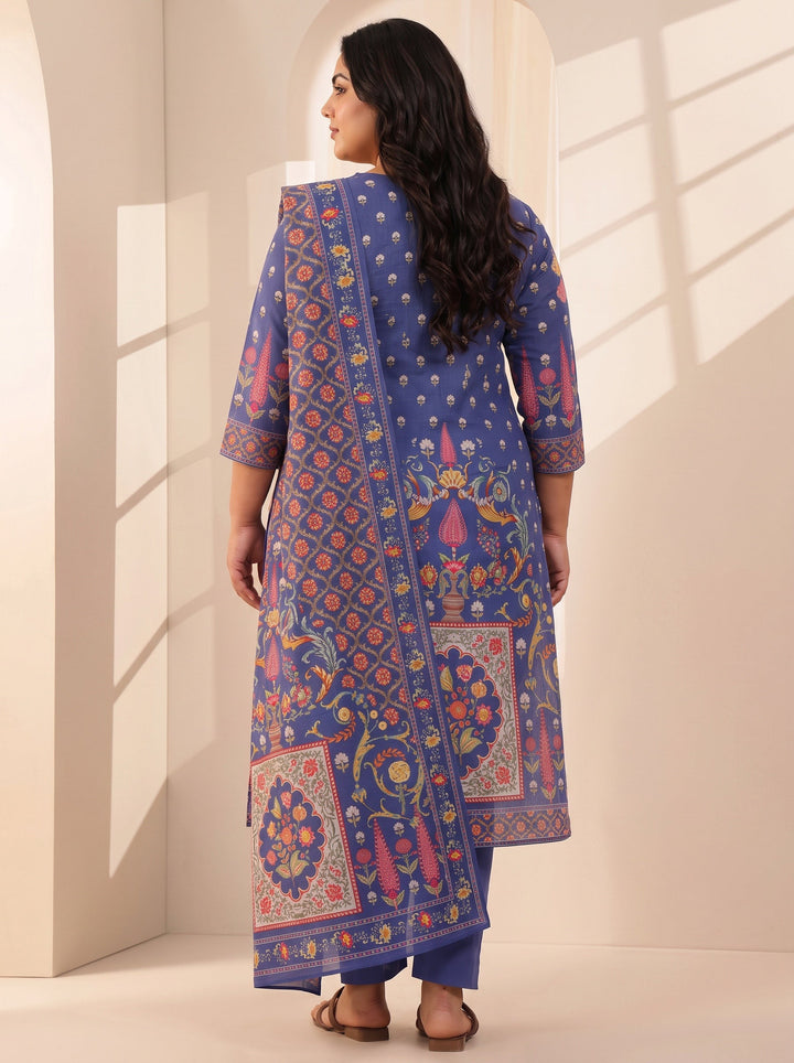 Plus Size Blue Printed Cotton Straight Suit Sets With Dupatta