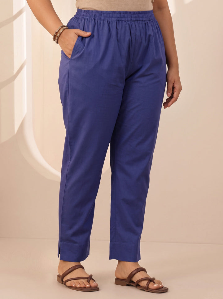 Plus Size Blue Printed Cotton Straight Suit Sets With Dupatta
