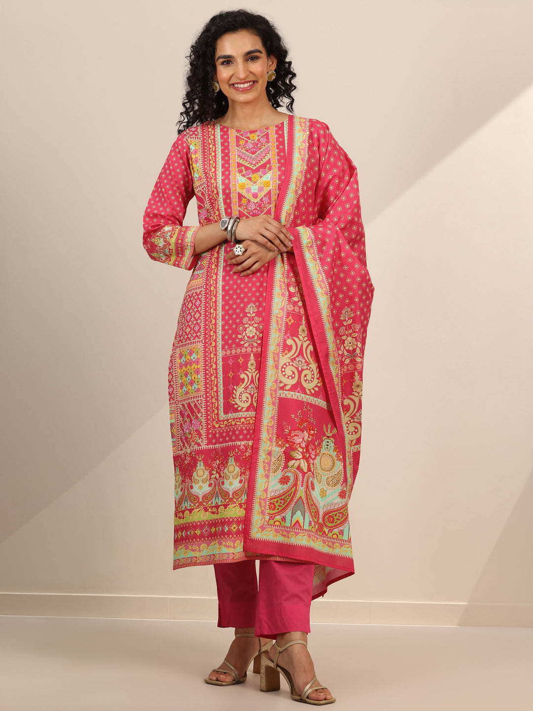 Coral Floral Cotton Straight Suit Set With Dupatta