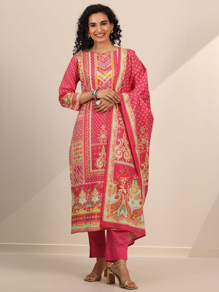 Coral Floral Cotton Straight Suit Set With Dupatta