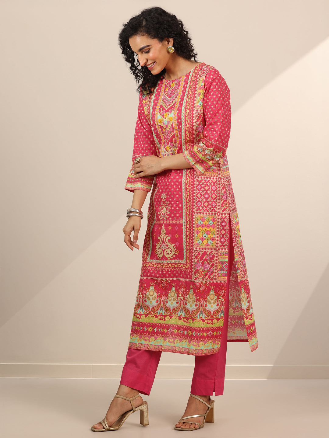 Coral Floral Cotton Straight Suit Set With Dupatta