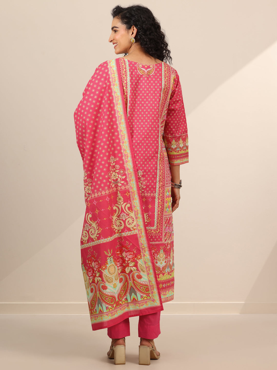 Coral Floral Cotton Straight Suit Set With Dupatta