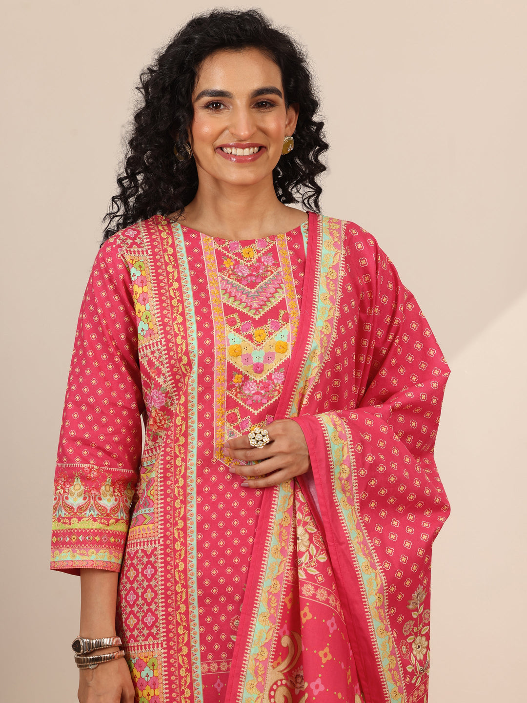 Coral Floral Cotton Straight Suit Set With Dupatta