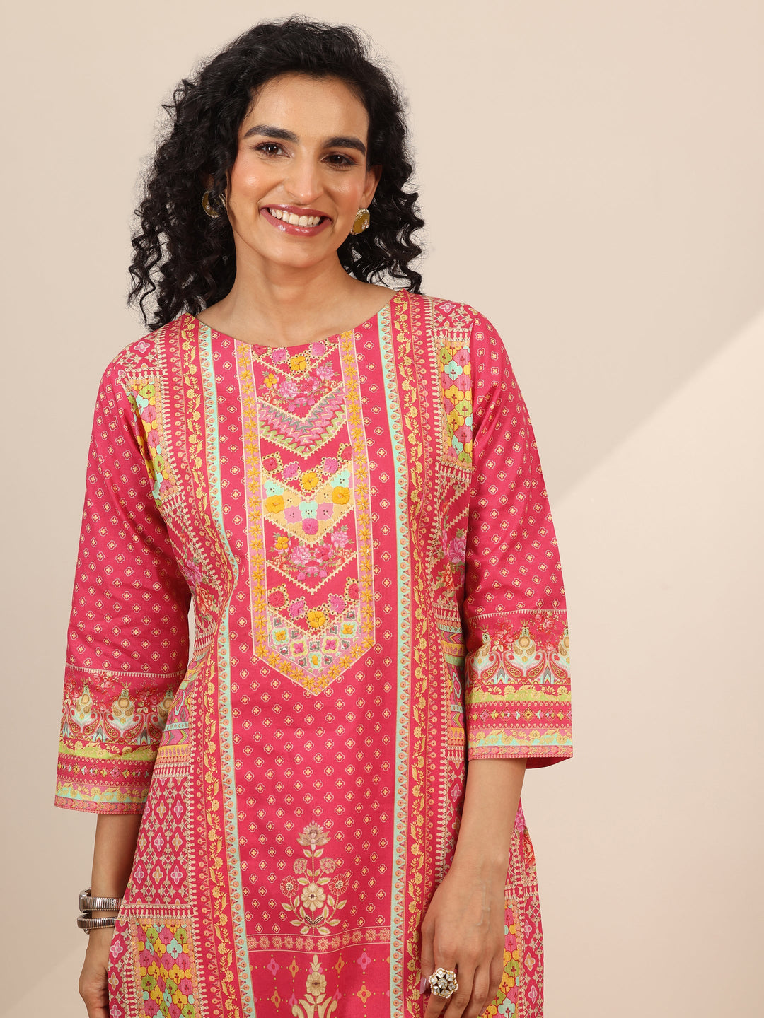 Coral Floral Cotton Straight Suit Set With Dupatta