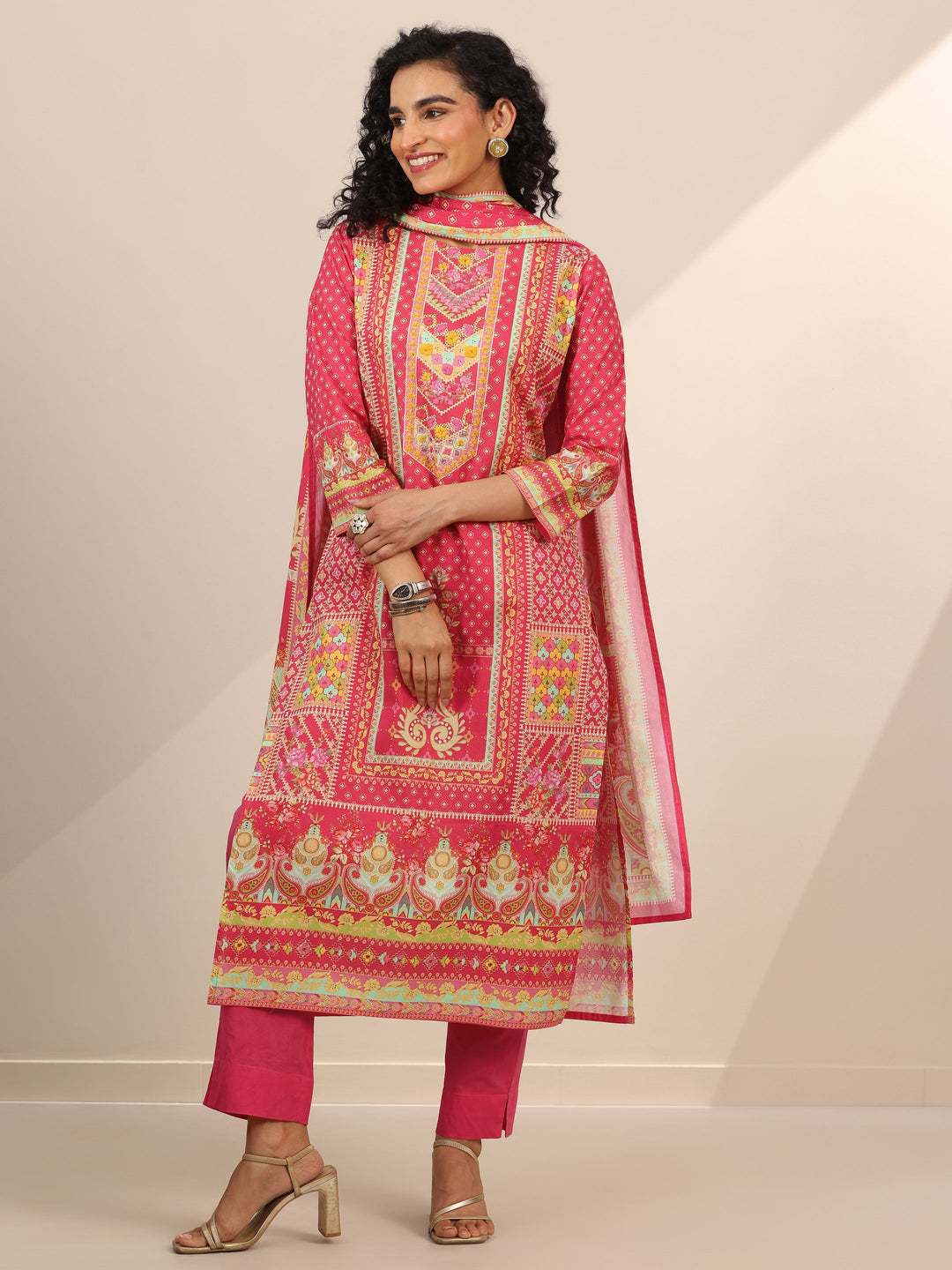 Coral Floral Cotton Straight Suit Set With Dupatta