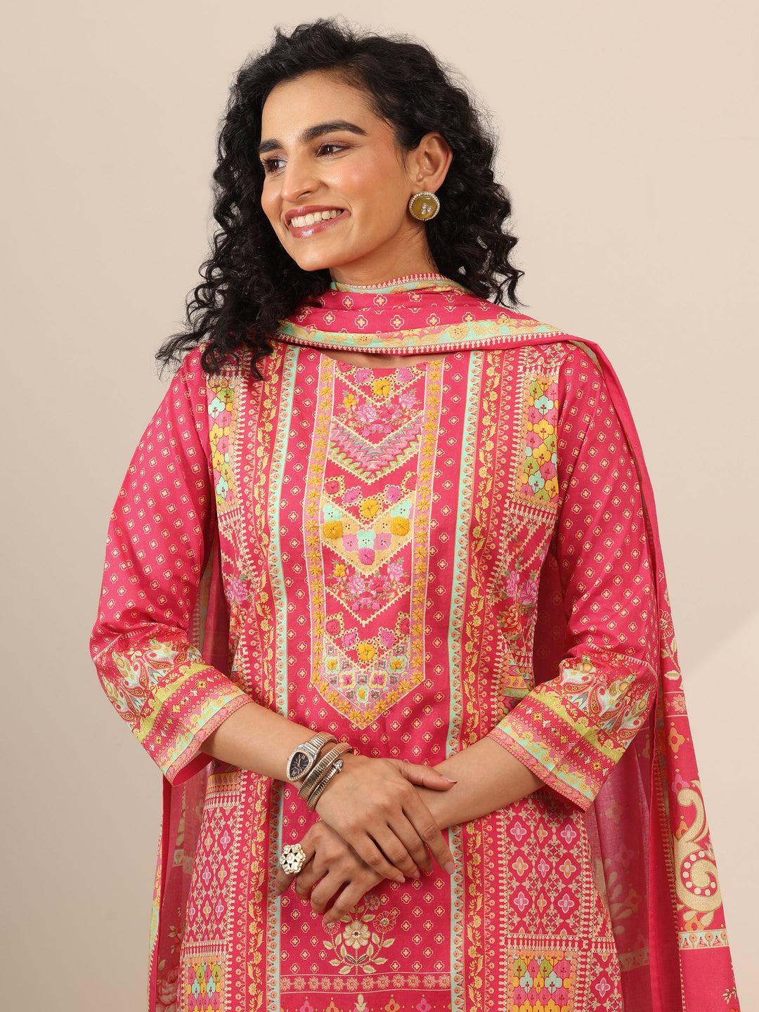Coral Floral Cotton Straight Suit Set With Dupatta