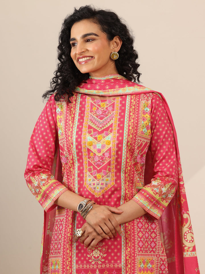 Coral Floral Cotton Straight Suit Set With Dupatta