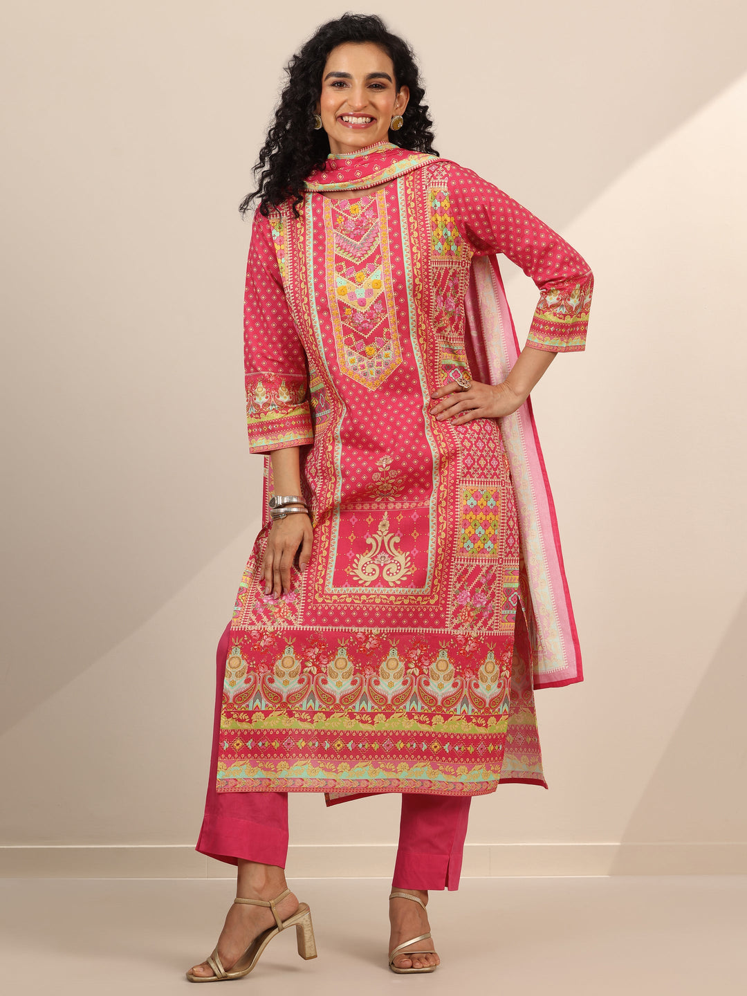 Coral Floral Cotton Straight Suit Set With Dupatta