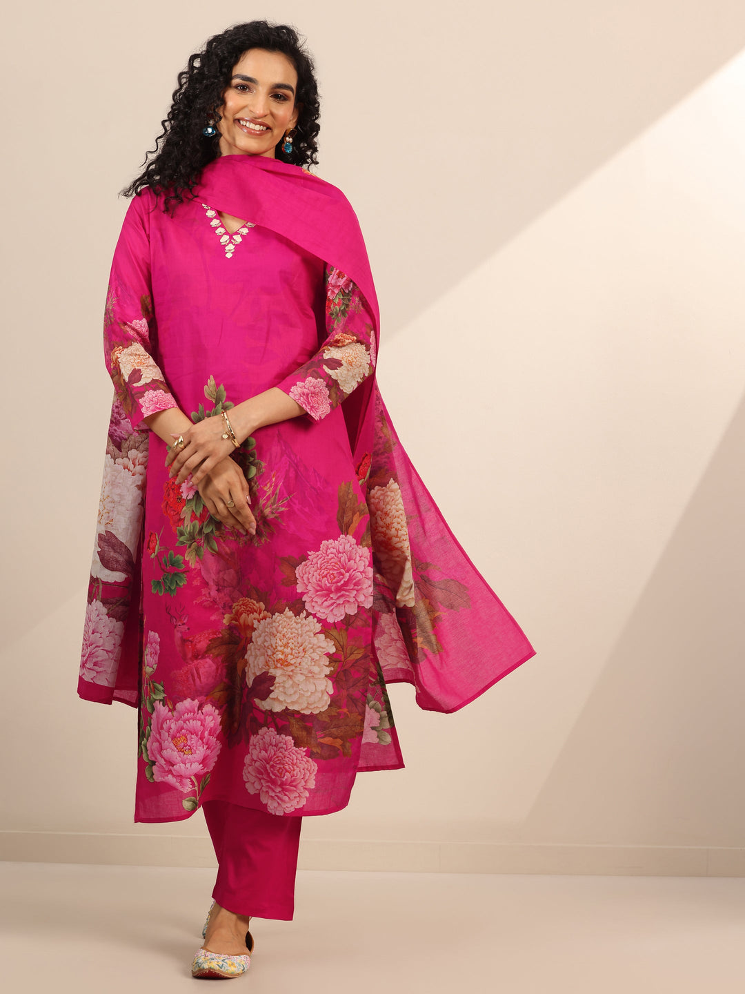Pink Floral Cotton Straight Suit Set With Dupatta