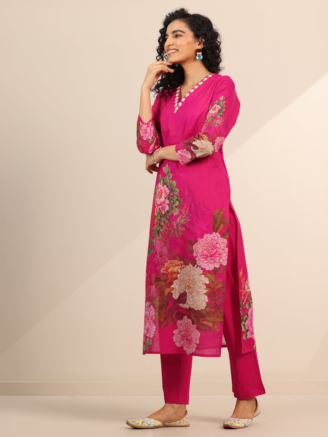 Pink Floral Cotton Straight Suit Set With Dupatta
