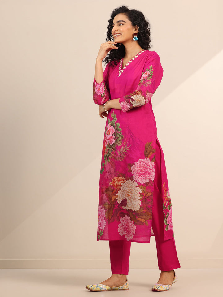 Pink Floral Cotton Straight Suit Set With Dupatta