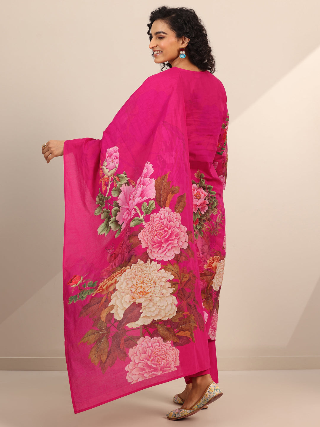 Pink Floral Cotton Straight Suit Set With Dupatta