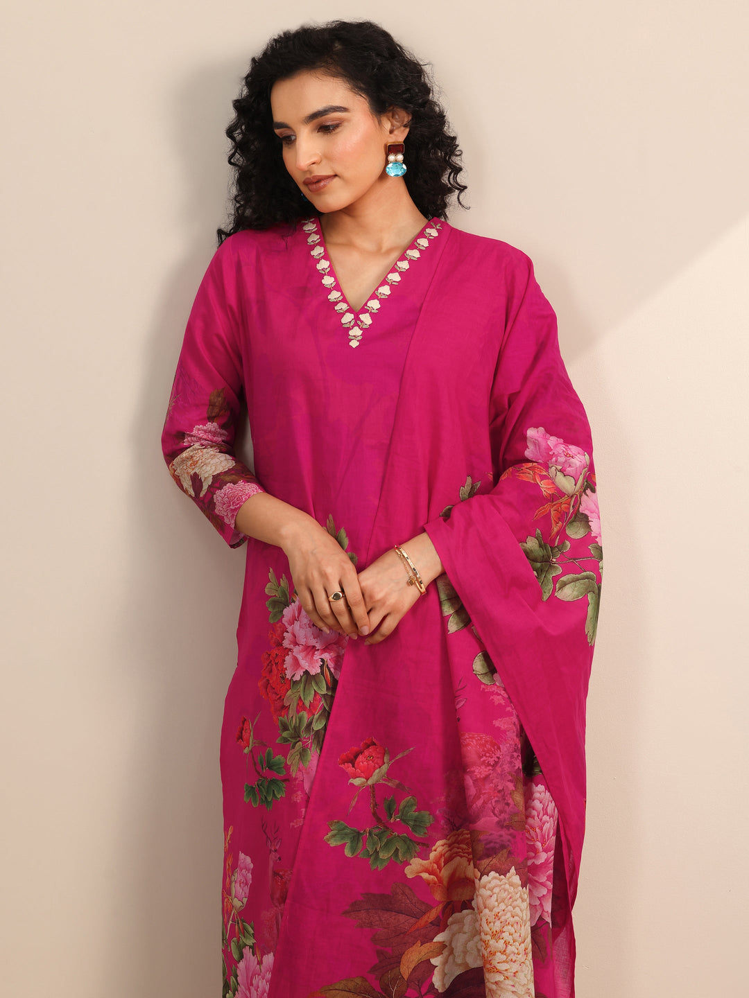 Pink Floral Cotton Straight Suit Set With Dupatta