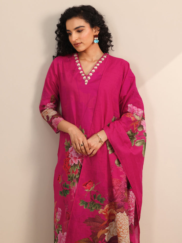 Pink Floral Cotton Straight Suit Set With Dupatta