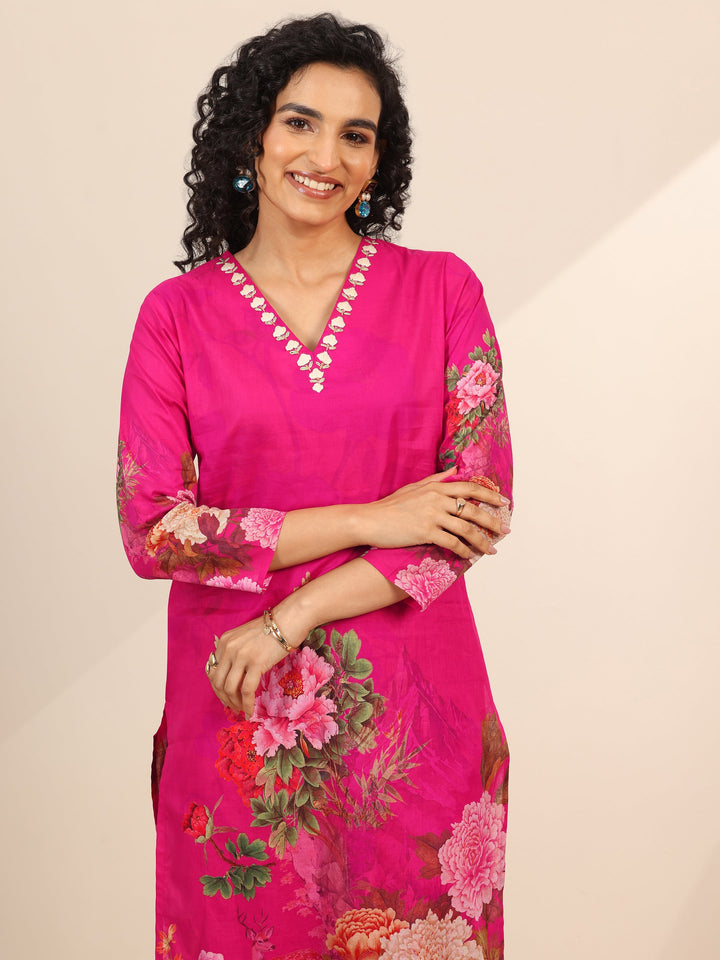 Pink Floral Cotton Straight Suit Set With Dupatta