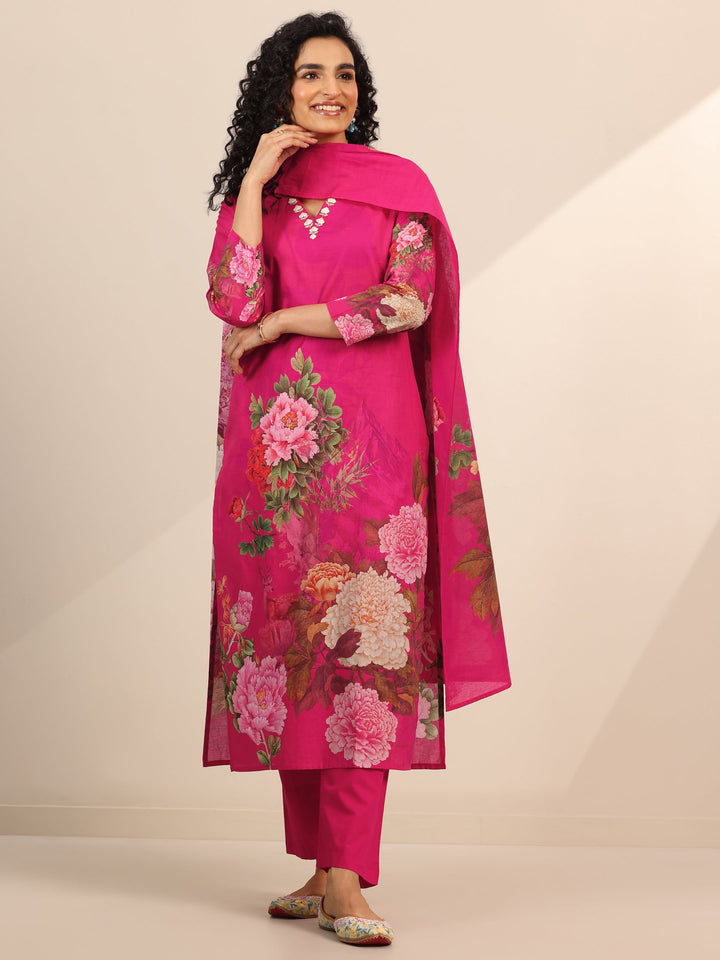 Pink Floral Cotton Straight Suit Set With Dupatta