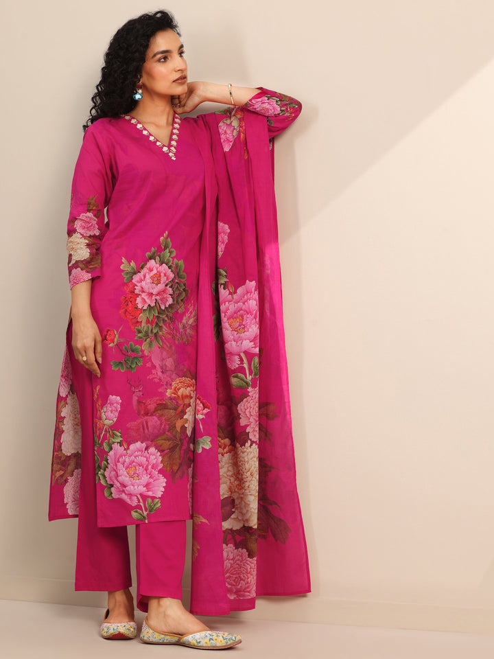 Pink Floral Cotton Straight Suit Set With Dupatta