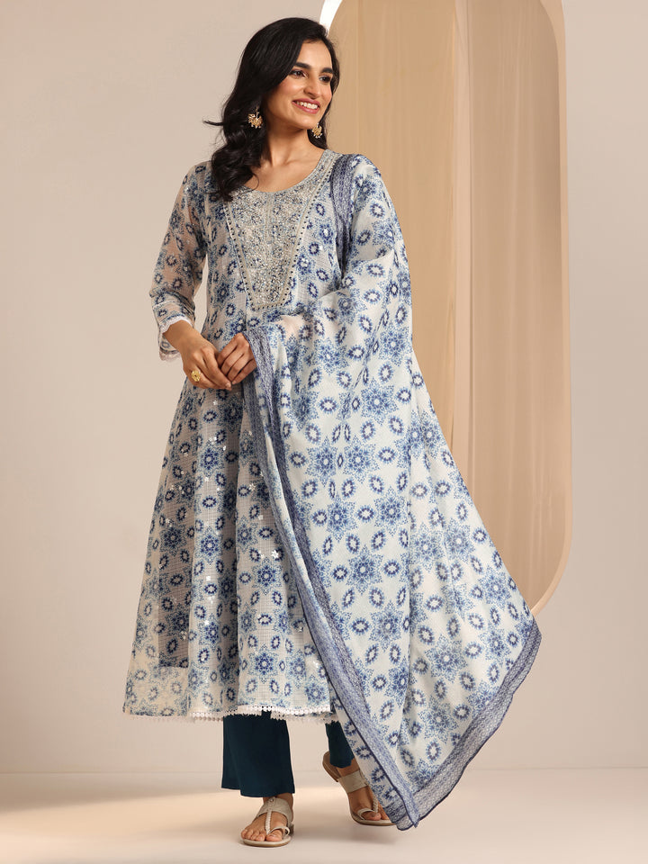 Indigo Printed Silk Blend A-line Suit Sets With Dupatta