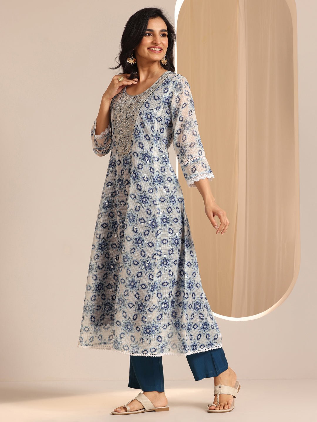 Indigo Printed Silk Blend A-line Suit Sets With Dupatta