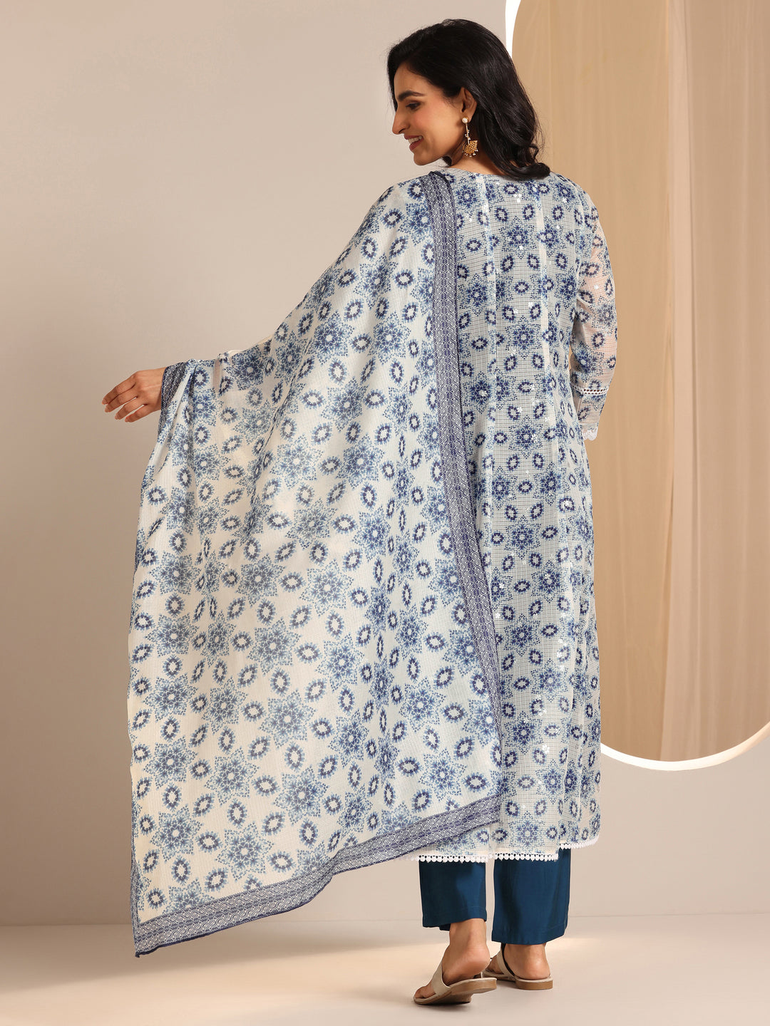 Indigo Printed Silk Blend A-line Suit Sets With Dupatta
