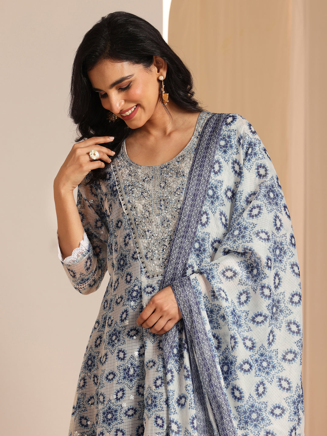 Indigo Printed Silk Blend A-line Suit Sets With Dupatta