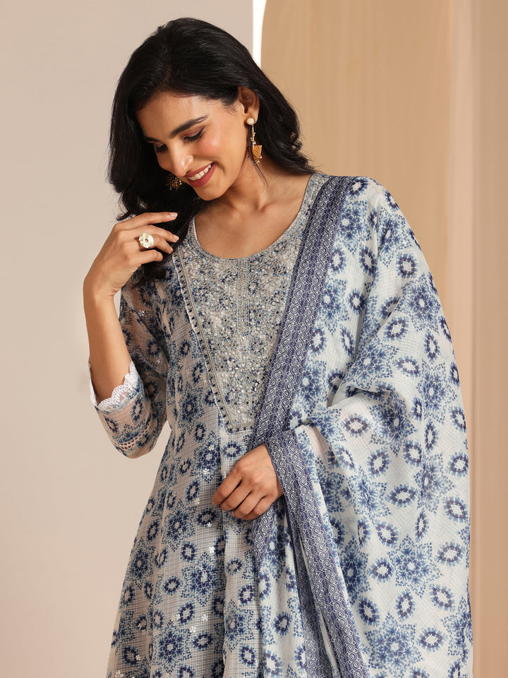 Indigo Printed Silk Blend A-line Suit Sets With Dupatta