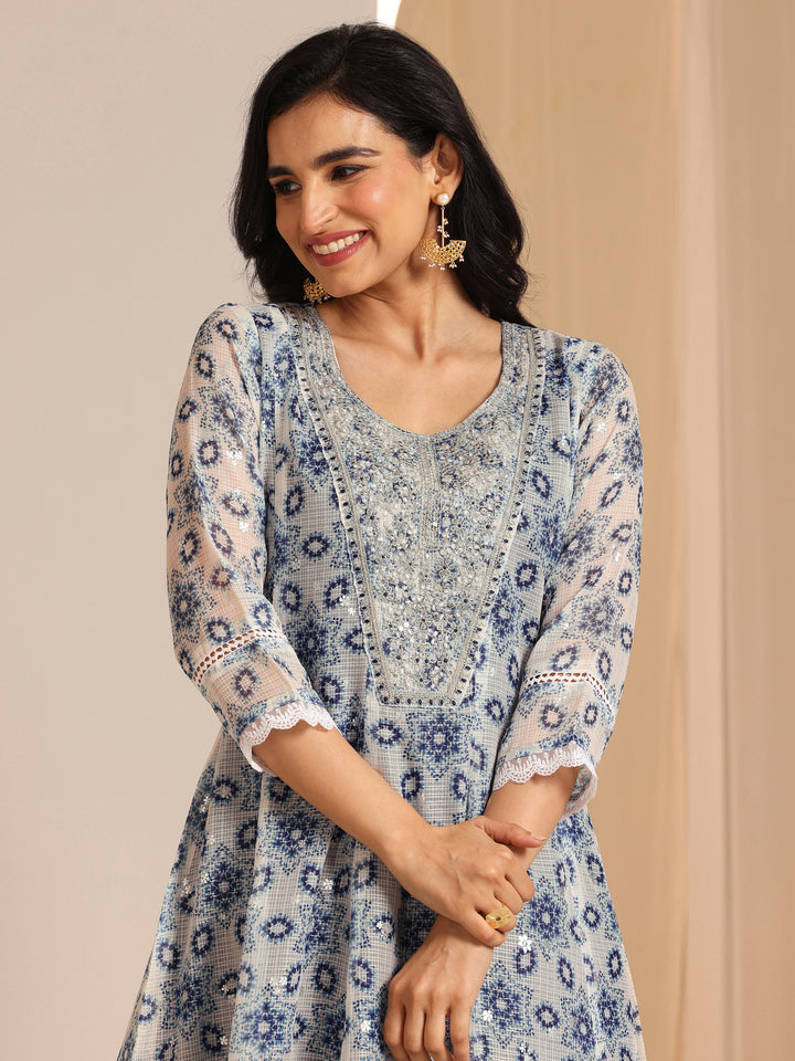 Indigo Printed Silk Blend A-line Suit Sets With Dupatta