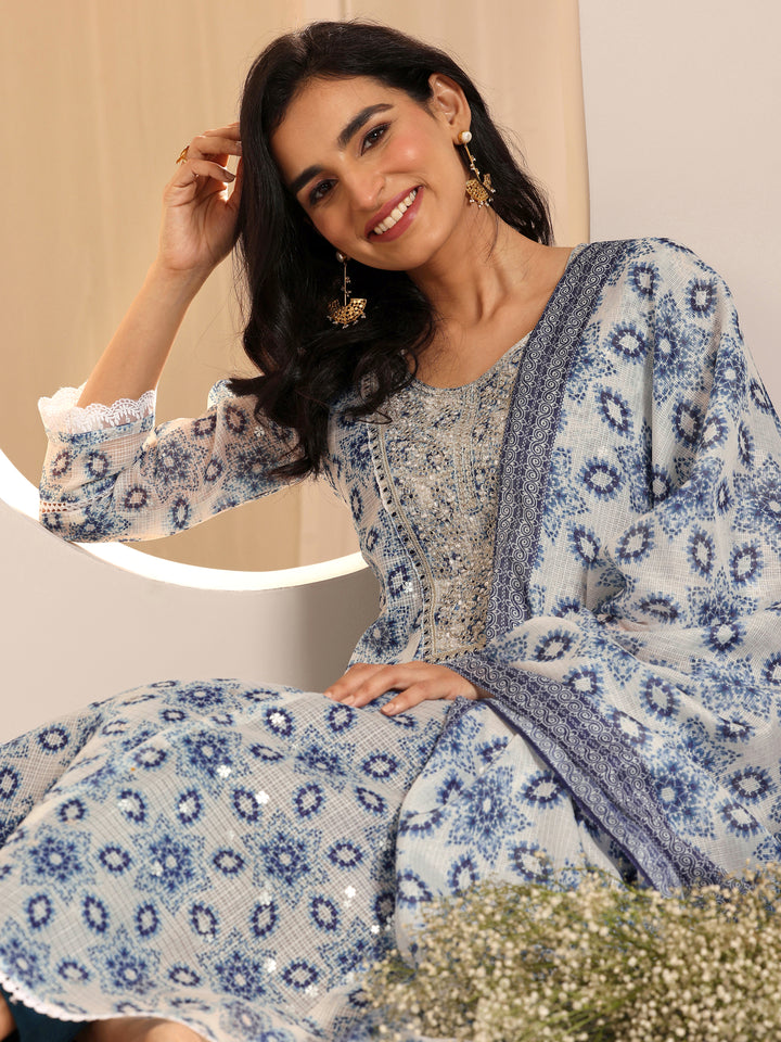Indigo Printed Silk Blend A-line Suit Sets With Dupatta