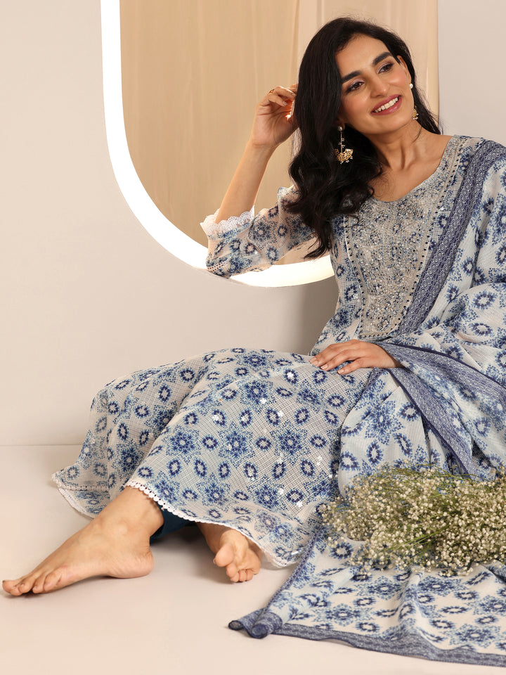 Indigo Printed Silk Blend A-line Suit Sets With Dupatta