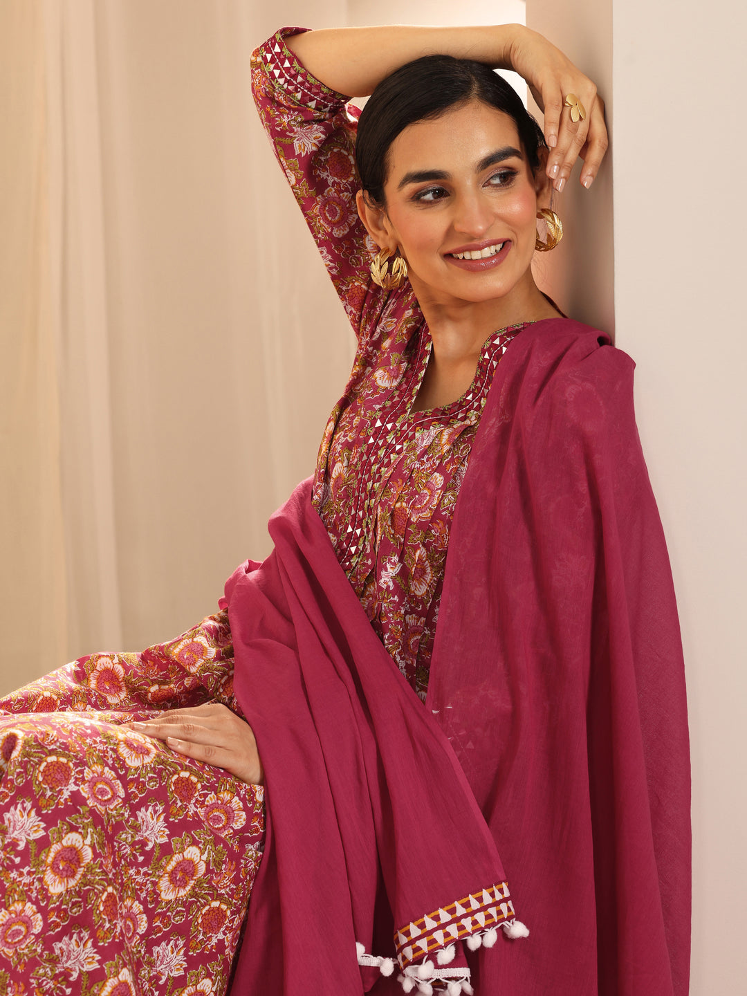 Red Printed Cotton A-Line Suit Set With Dupatta