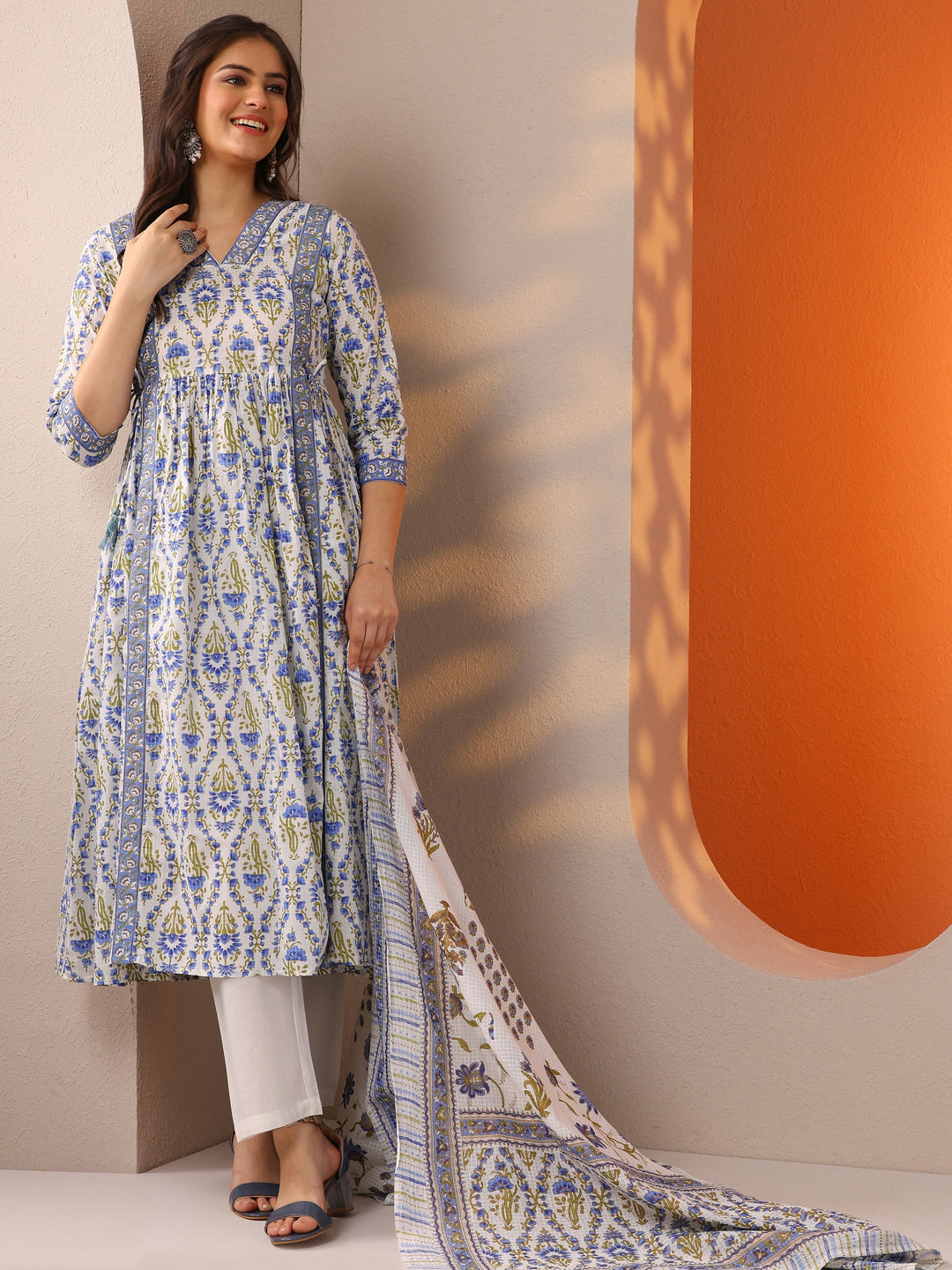 White Printed Cotton Anarkali Suit Set With Dupatta