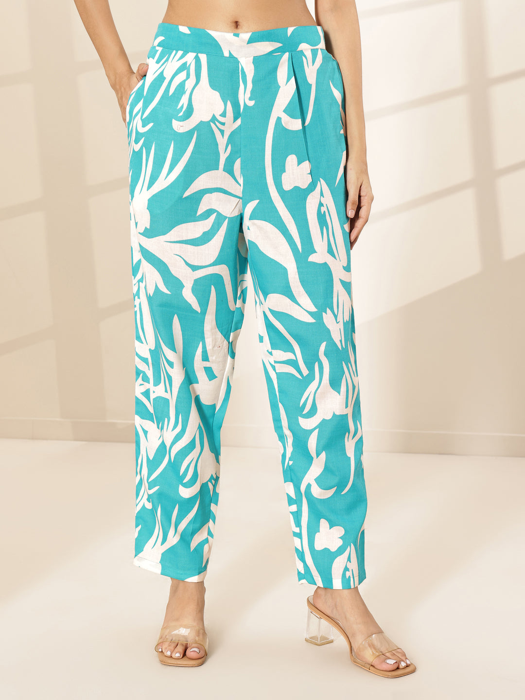 Turquoise Blue Printed Cotton Blend Co-Ord Sets