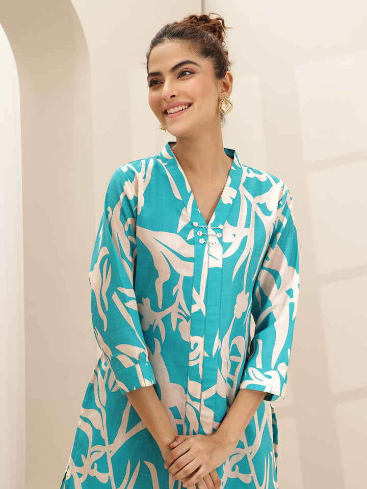 Turquoise Blue Printed Cotton Blend Co-Ord Sets