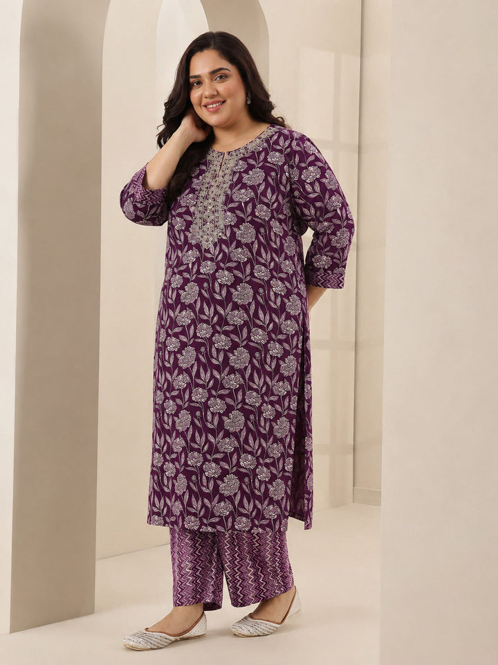 Plus Size Burgundy Printed Cotton Blend Straight Suit Sets With Dupatta