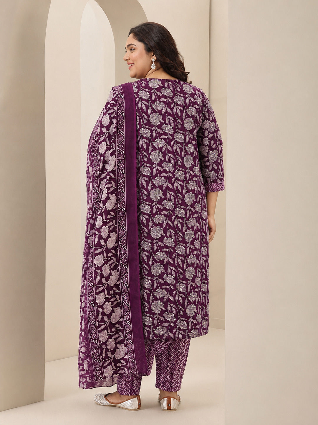 Plus Size Burgundy Printed Cotton Blend Straight Suit Sets With Dupatta