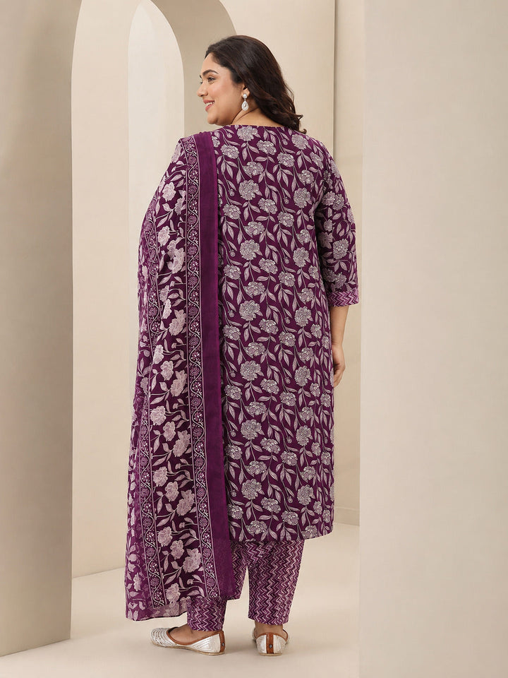 Plus Size Burgundy Printed Cotton Blend Straight Suit Sets With Dupatta