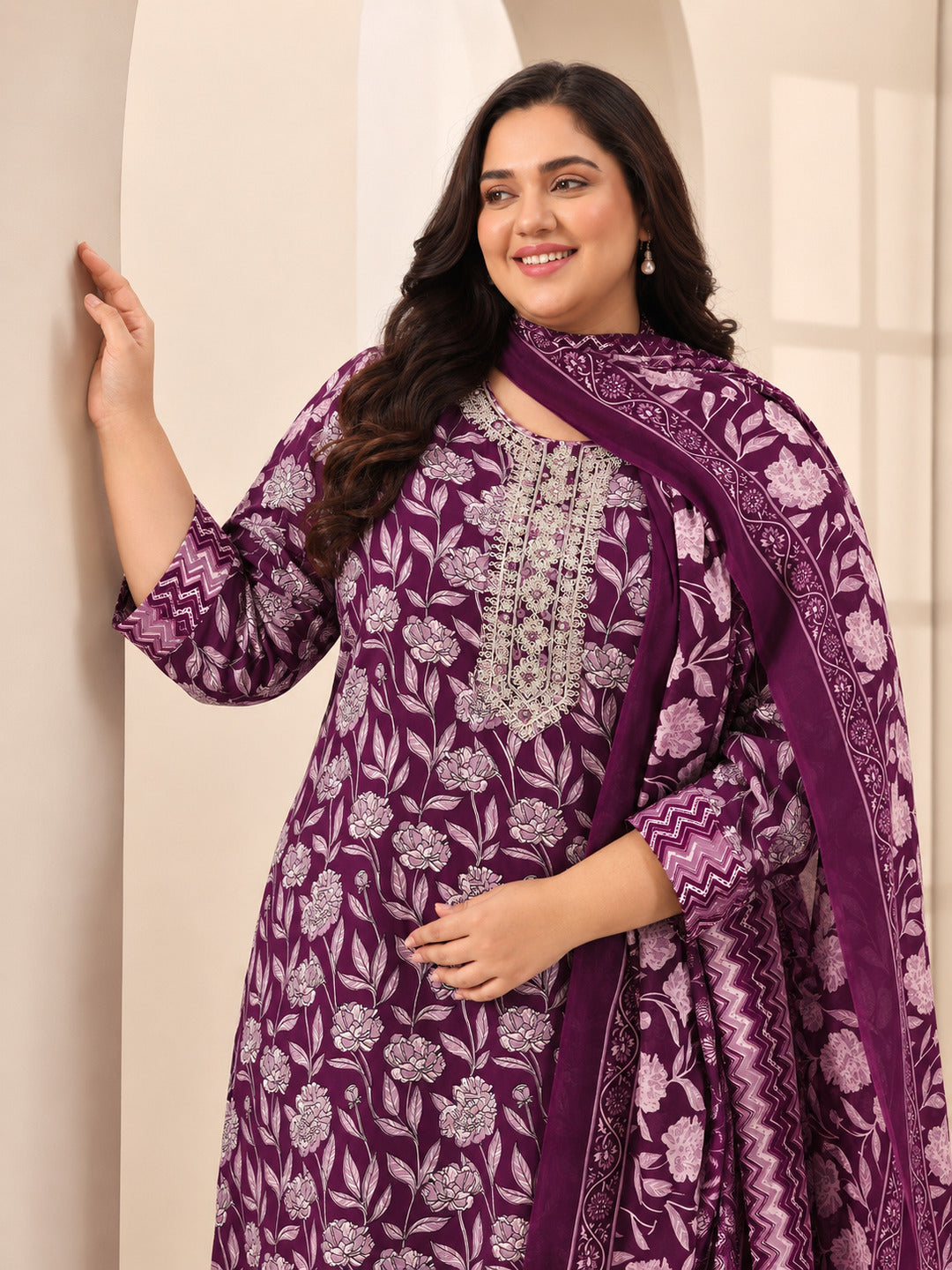 Plus Size Burgundy Printed Cotton Blend Straight Suit Sets With Dupatta